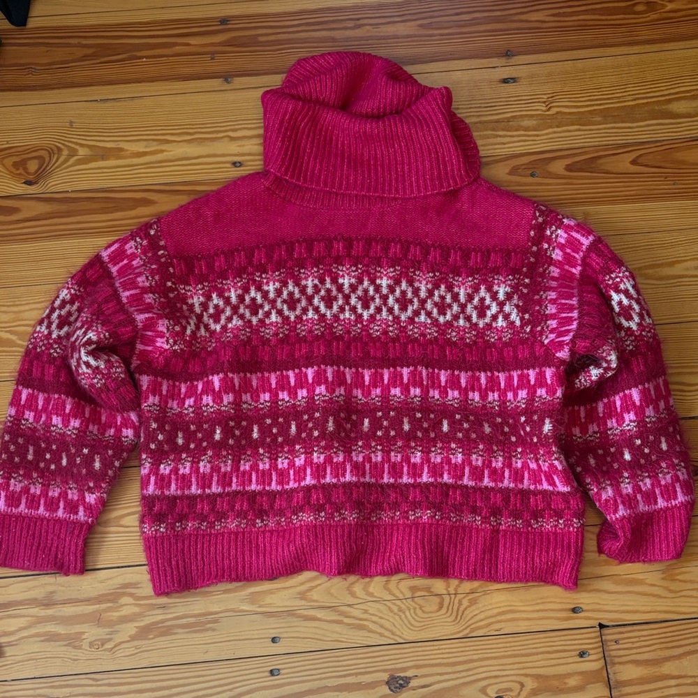 Women's Chunky Pink Patterned Turtleneck Sweater